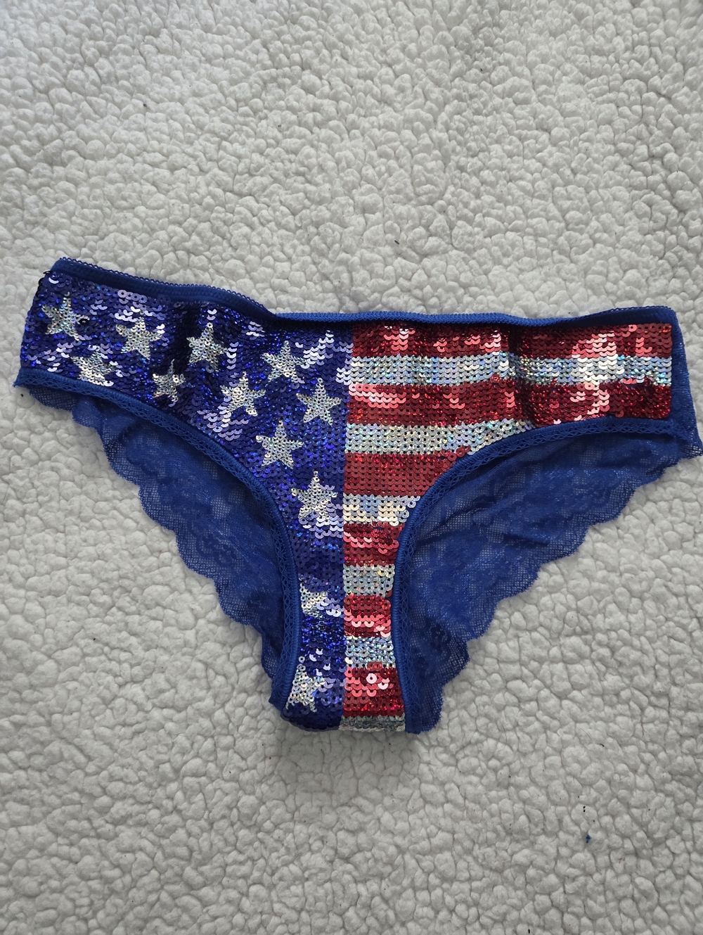 PINK Victoria's Secret Sequin American Flag Bikini Panty- Red White Blue Medium